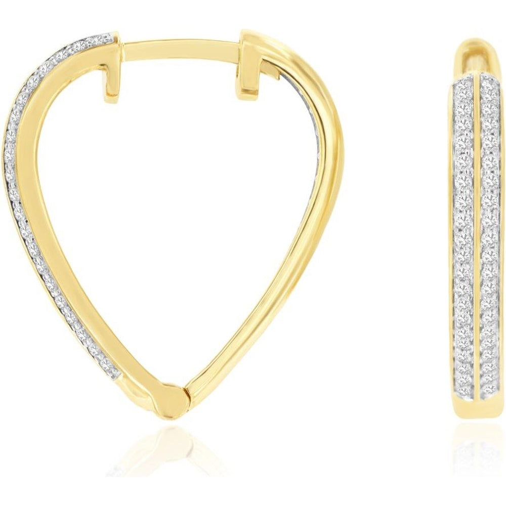 14K Yellow Gold V-Shape Huggie Hoop Earrings with Double Row Prong Set Round Diamonds - 0.25 Carat Total Diamond Weight - Royal Jewelry