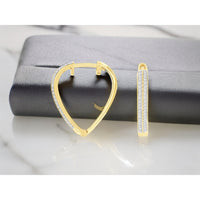 14K Yellow Gold V-Shape Huggie Hoop Earrings with Double Row Prong Set Round Diamonds - 0.25 Carat Total Diamond Weight - Royal Jewelry