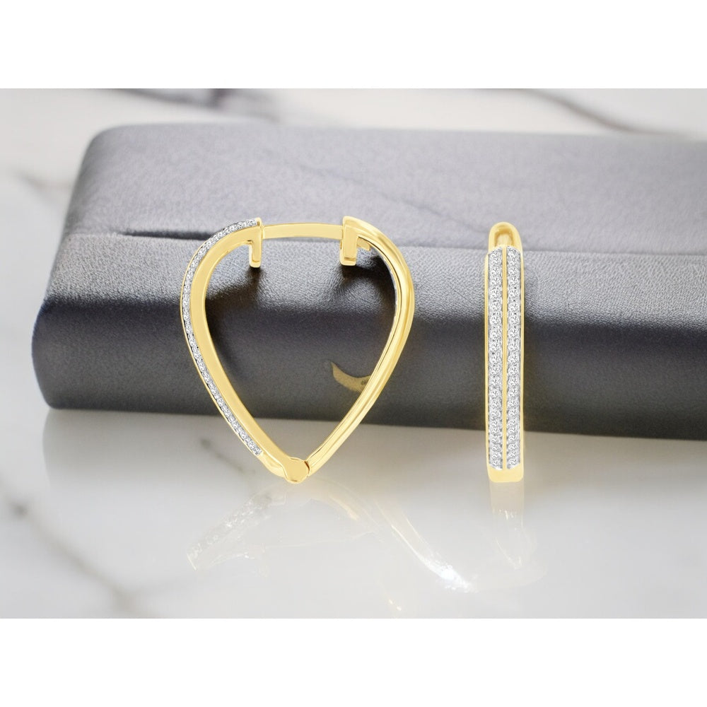 14K Yellow Gold V-Shape Huggie Hoop Earrings with Double Row Prong Set Round Diamonds - 0.25 Carat Total Diamond Weight - Royal Jewelry