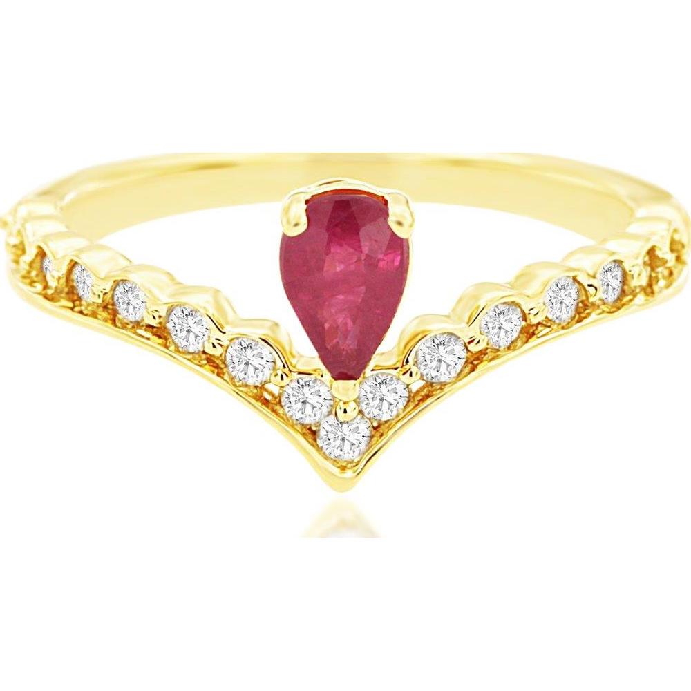 14K Yellow Gold V-Shape Ring with 0.45 Carat Pear-Cut Ruby and 0.37 Carat Round Diamond Accents - Royal Jewelry