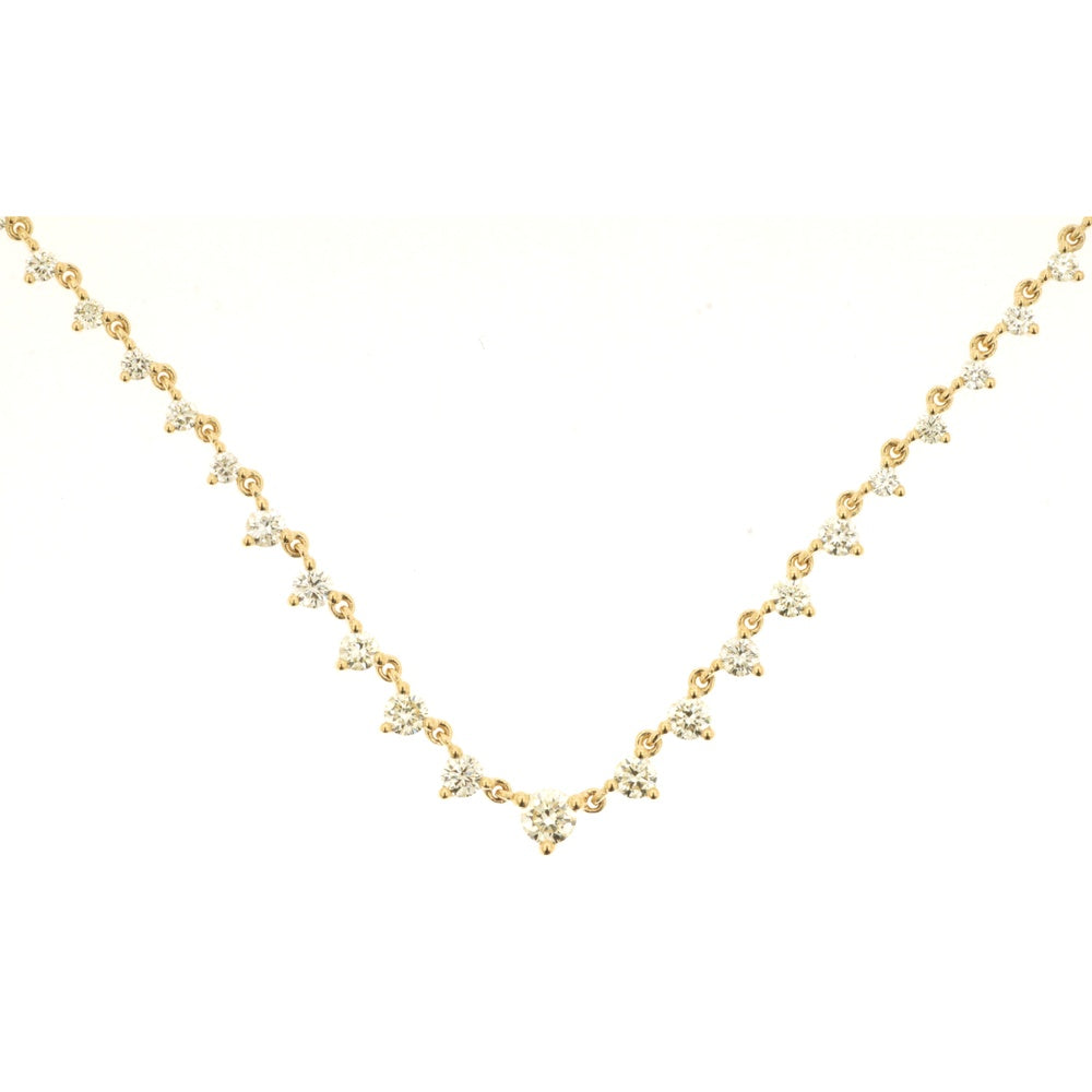 14K Yellow Gold V-Shape Station Necklace with Prong-Set Round Brilliant Diamonds - 1.00 Carat Total Diamond Weight - Royal Jewelry