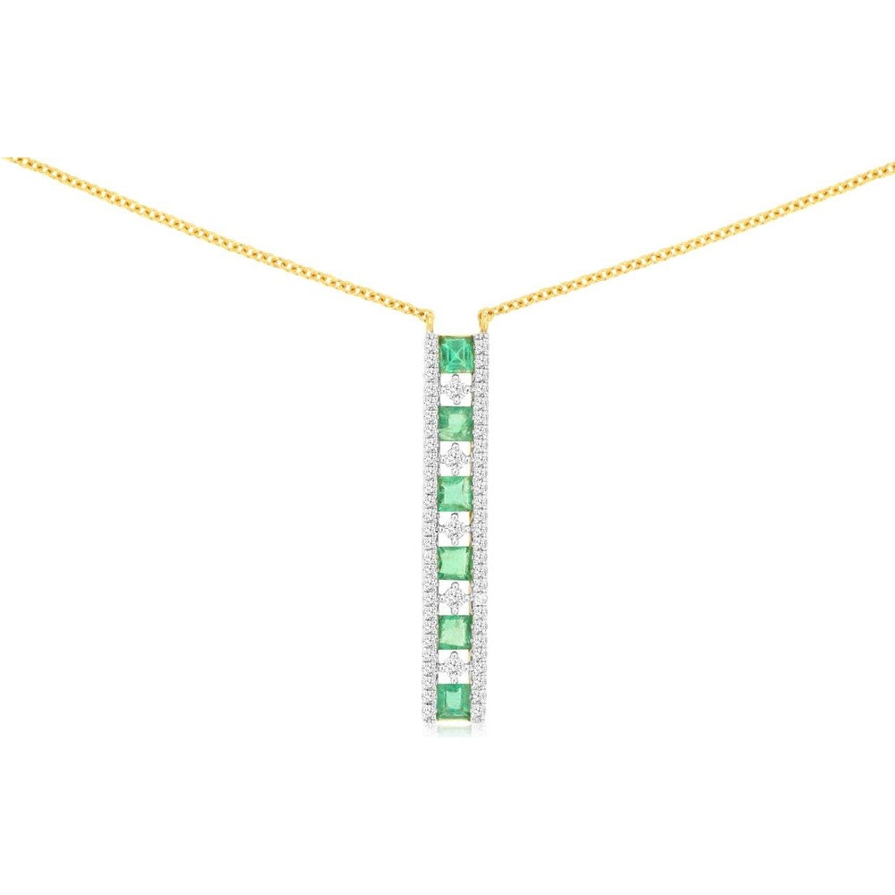 14K Yellow Gold Vertical Bar Necklace with Square-Cut Emeralds and Round Diamonds - 0.90 Carat Total Emerald Weight and 0.40 Carat Total Diamond Weight - Royal Jewelry