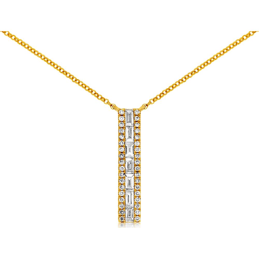 14K Yellow Gold Vertical Bar Pendant Necklace with Baguette and Round Diamonds - 0.43 Carat Total Diamond Weight - Royal Jewelry