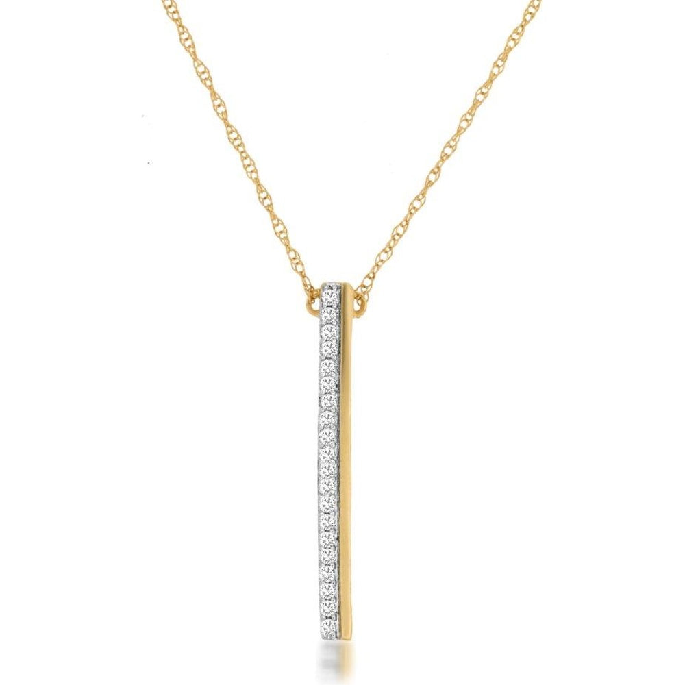 14K Yellow Gold Vertical Bar Pendant Necklace with Flush-Set Round Diamonds - 0.10 Carat Total Diamond Weight - Royal Jewelry