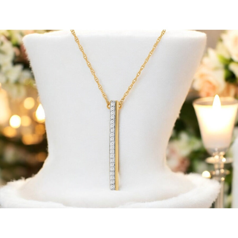 14K Yellow Gold Vertical Bar Pendant Necklace with Flush-Set Round Diamonds - 0.10 Carat Total Diamond Weight - Royal Jewelry