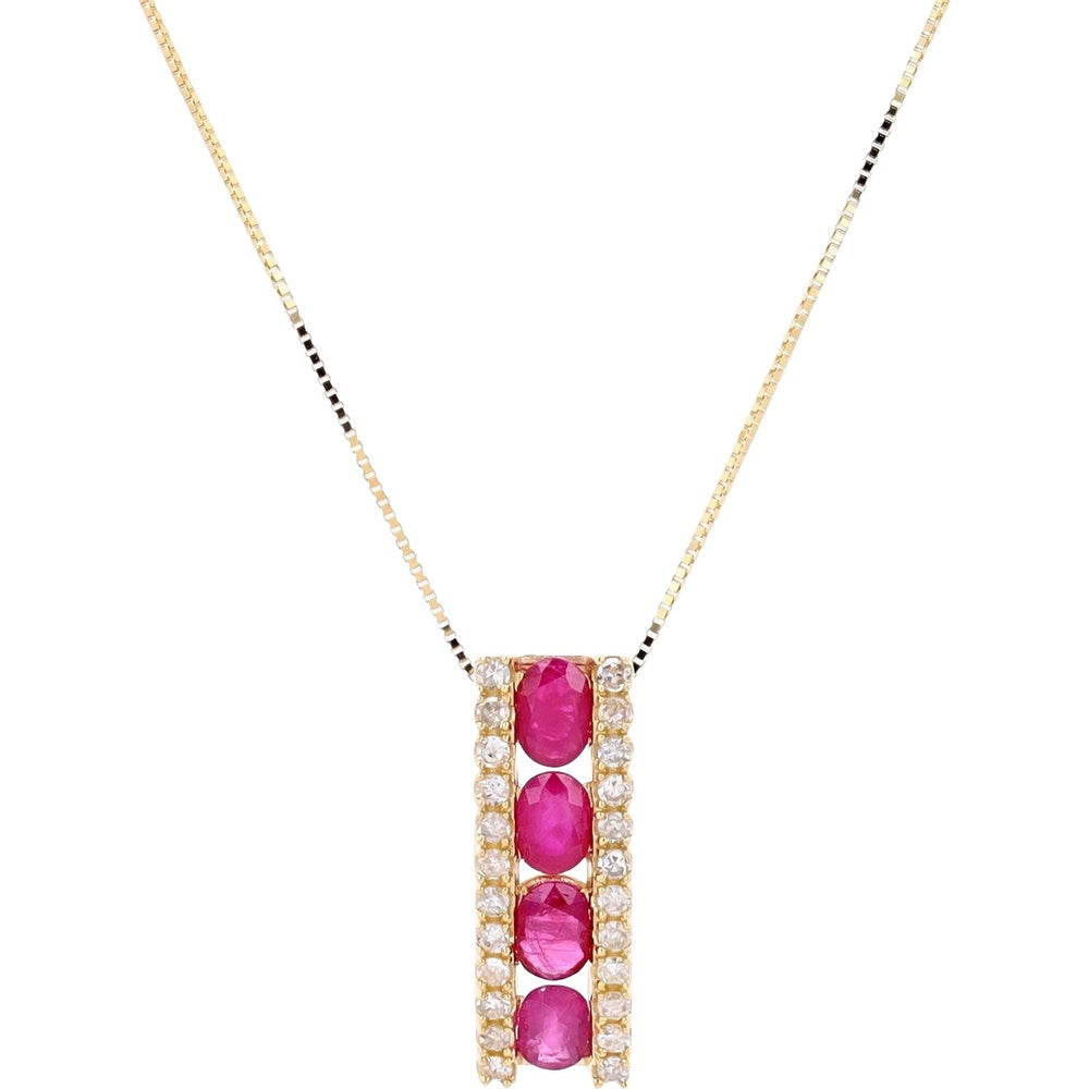 14K Yellow Gold Vertical Bar Pendant with Prong-Set Rubies and Diamond Accents - 1.00 Carat Total Ruby Weight and 0.20 Carat Total Diamond Weight