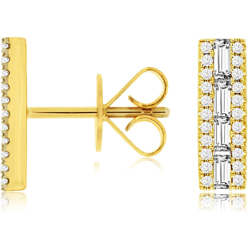 14K Yellow Gold Vertical Bar Stud Earrings with Baguette and Round Diamonds - 0.40 Carat Total Diamond Weight - Royal Jewelry