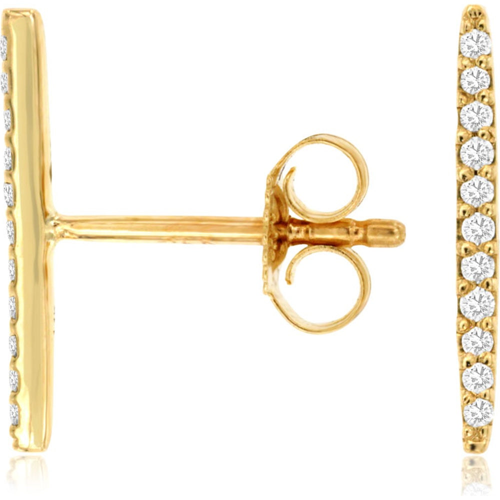 14K Yellow Gold Vertical Diamond Bar Stud Earrings with Prong Set Round Diamonds - 0.10 Carat Total Diamond Weight - Royal Jewelry