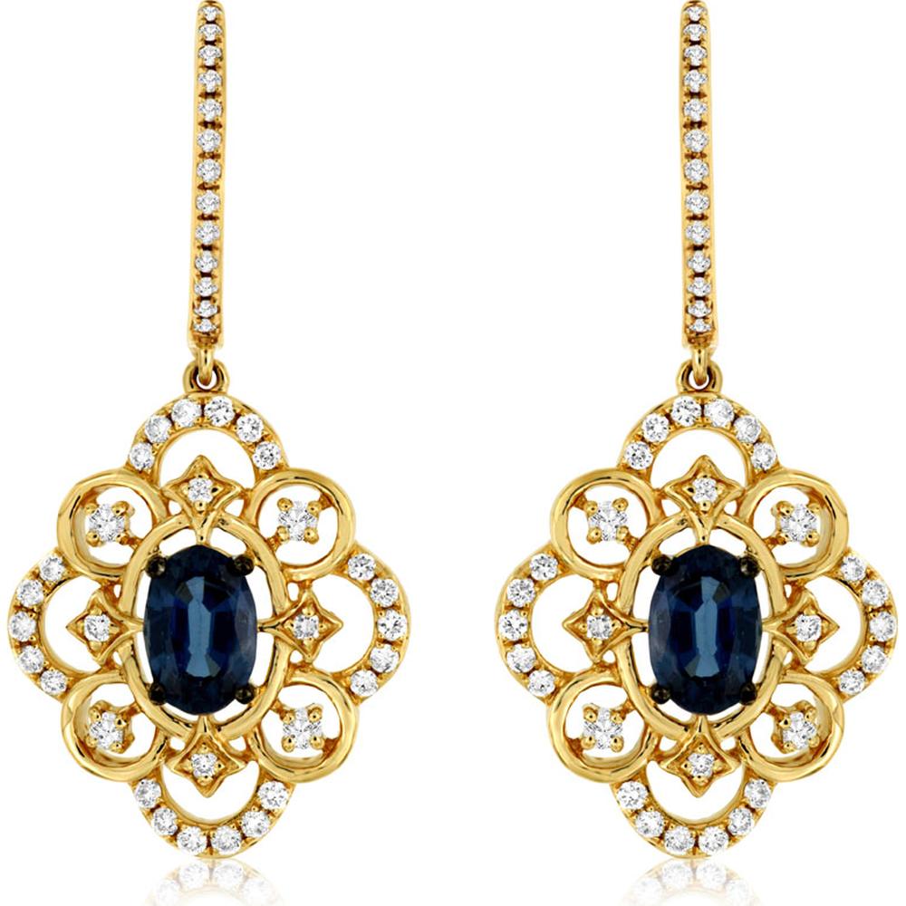 14K Yellow Gold Vintage Drop Earrings with Oval Sapphires and Pave Set Diamonds - 1.12 Carat Total Sapphire Weight, 0.45 Carat Total Diamond Weight - Royal Jewelry