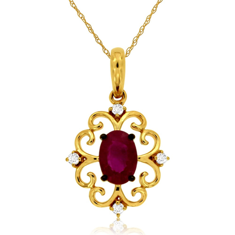 14K Yellow Gold Vintage Filigree Pendant with 0.55 Carat Oval Ruby and 0.04 Carat Diamond Accents - Royal Jewelry