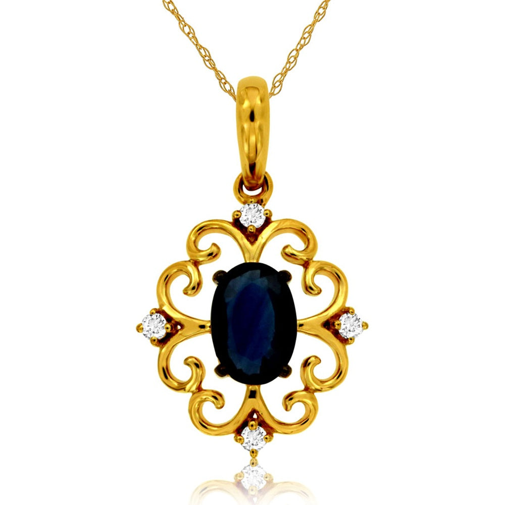 14K Yellow Gold Vintage Filigree Pendant with Oval Sapphire and Round Diamond Accents - 0.65 Carat Sapphire and 0.04 Carat Total Diamond Weight - Royal Jewelry