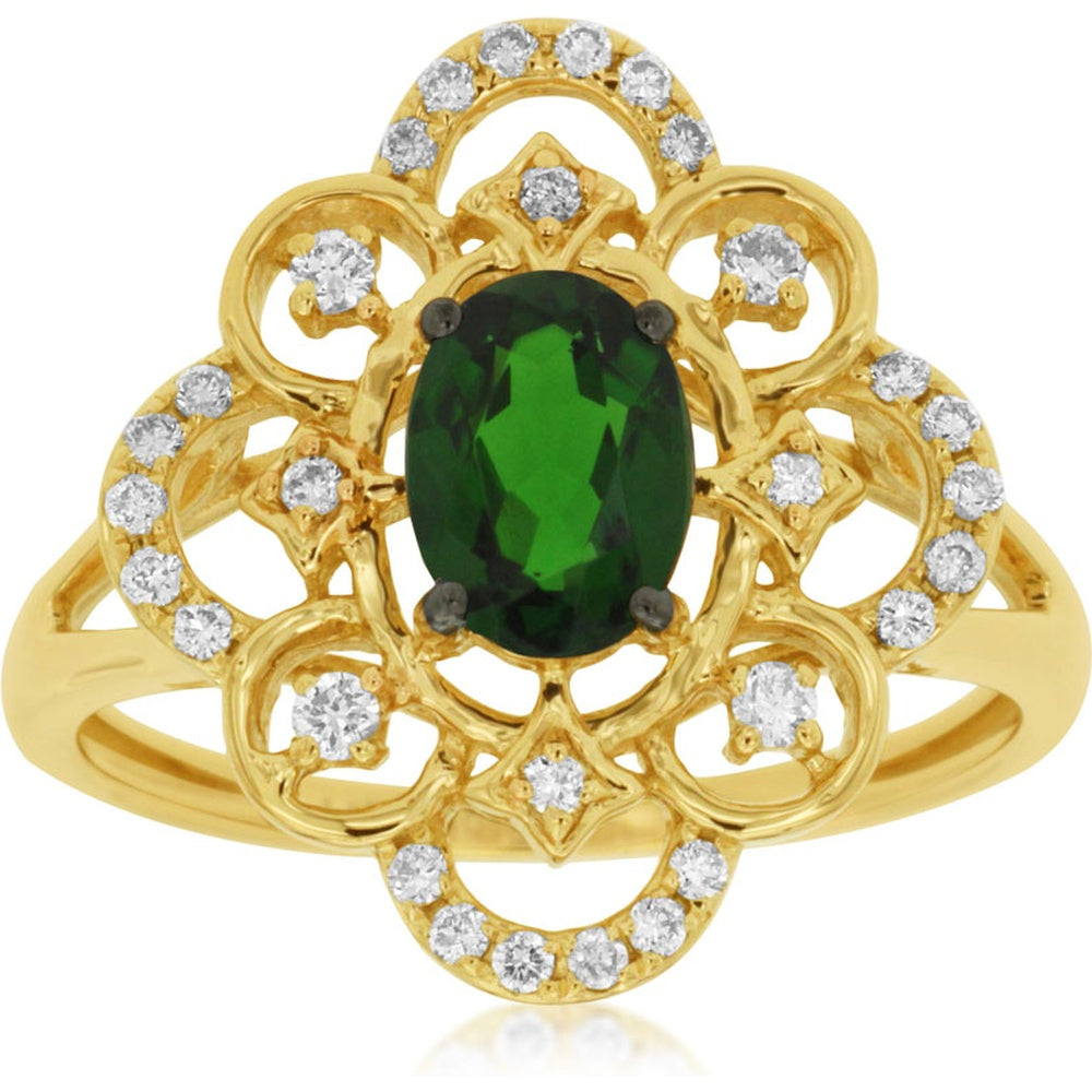14K Yellow Gold Vintage Filigree Ring with Oval Russalite and Round Diamond Accents - 0.95 Carat Russalite and 0.22 Carat Total Diamond Weight - Royal Jewelry