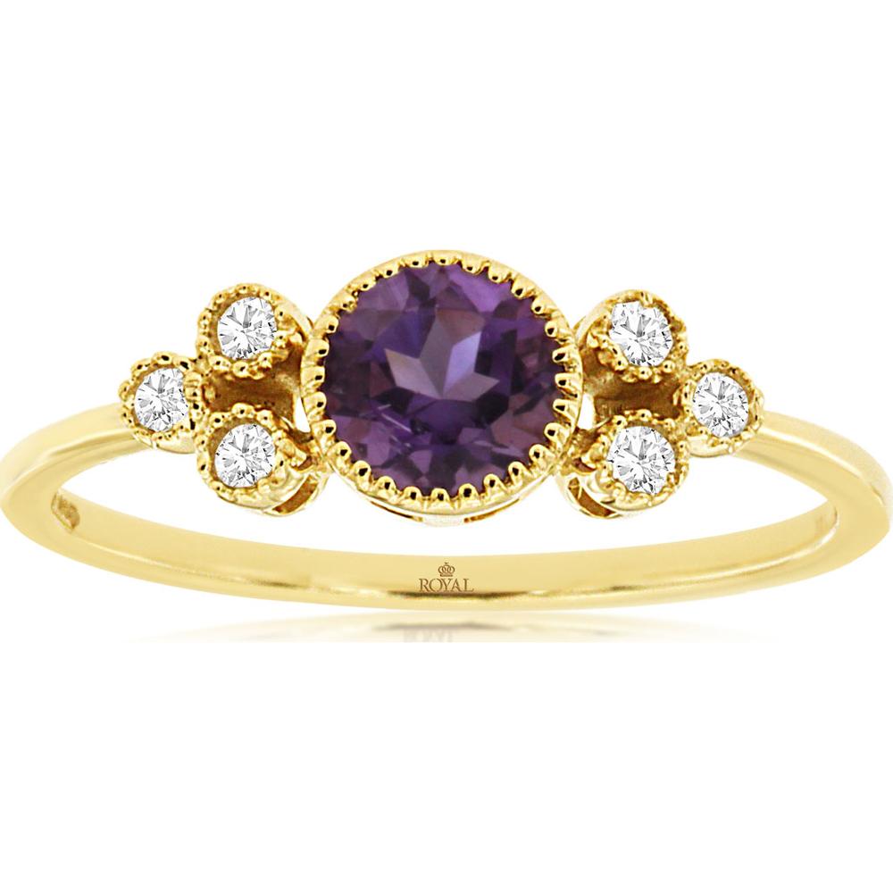 14K Yellow Gold Vintage-Inspired Amethyst & Milgrain Diamond Cluster Ring - 0.45 Carat Amethyst, 0.07 Carat Total Diamond Weight - Royal Jewelry