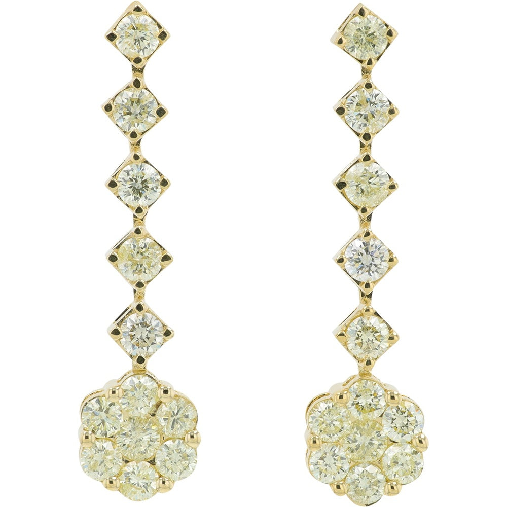 14K Yellow Gold Vintage-Inspired Diamond Drop Earrings with Prong-Set Round Diamonds and Floral Cluster - 1.50 Carat Total Diamond Weight