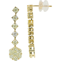 14K Yellow Gold Vintage-Inspired Diamond Drop Earrings with Prong-Set Round Diamonds and Floral Cluster - 1.50 Carat Total Diamond Weight