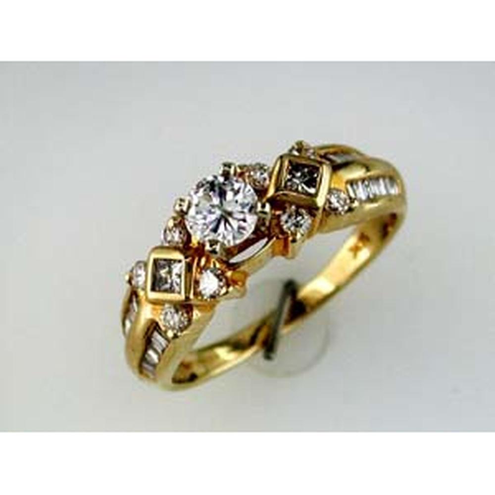 14K Yellow Gold Vintage-Inspired Diamond Engagement Ring with 0.36 Carat Round Center and Baguette Diamond Accents - 1.03 Carat Total Diamond Weight - Royal Jewelry