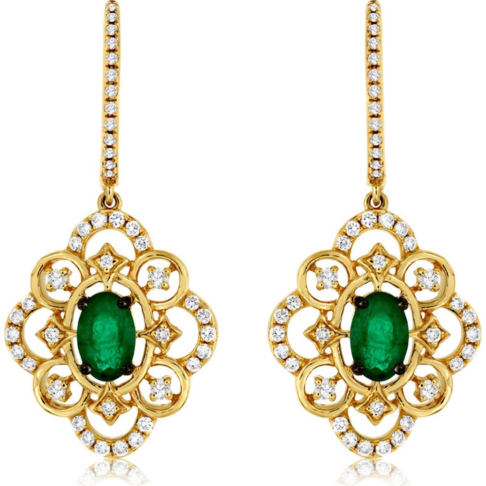 14K Yellow Gold Vintage-Inspired Drop Earrings with Oval Emeralds and Pavé-Set Diamond Accents - 0.82 Carat Total Emerald Weight, 0.45 Carat Total Diamond Weight - Royal Jewelry