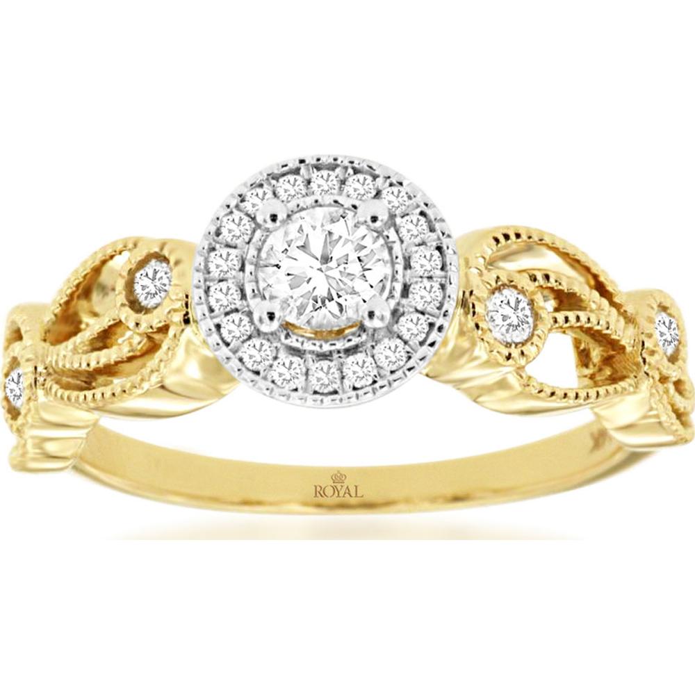 14K Yellow Gold Vintage-Inspired Halo Engagement Ring with 0.40 Carat Round Diamond and Milgrain Side Detailing - Royal Jewelry