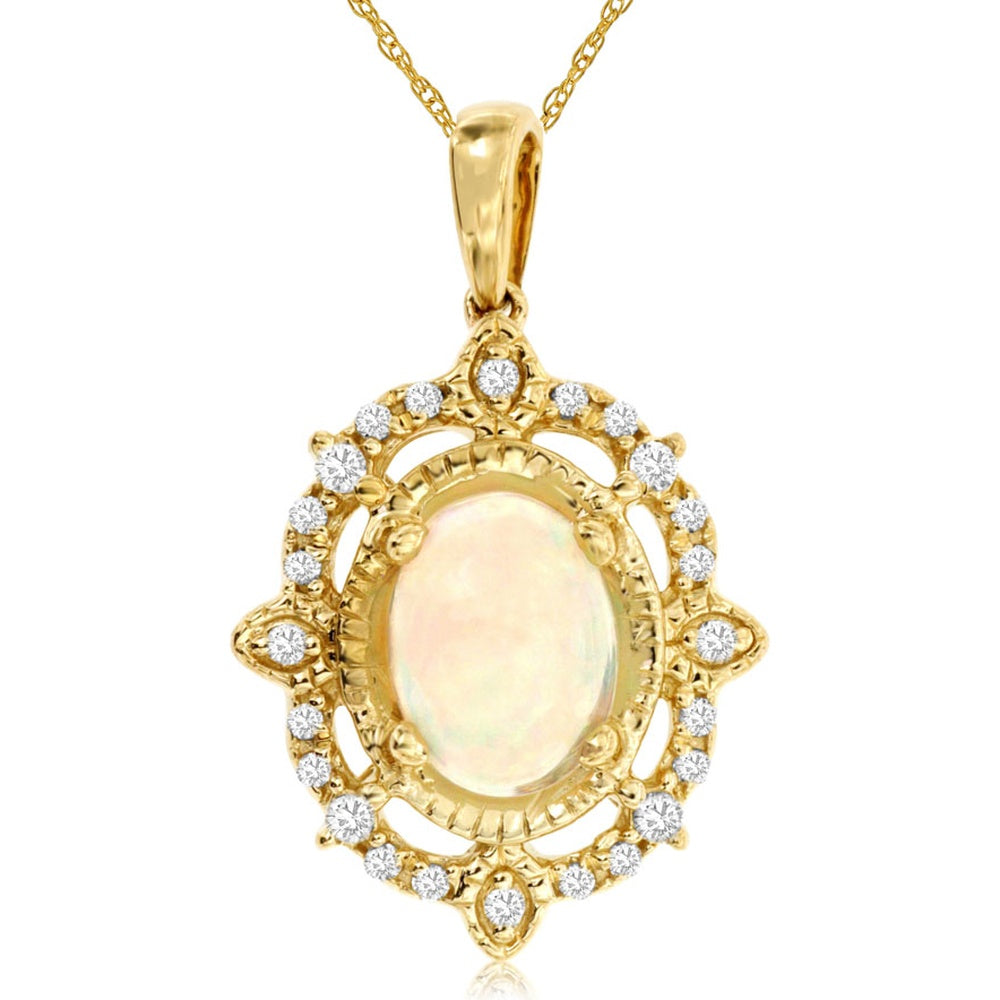 14K Yellow Gold Vintage-Inspired Halo Pendant with 0.90 Carat Oval Opal and 0.12 Carat Round Diamonds - Royal Jewelry
