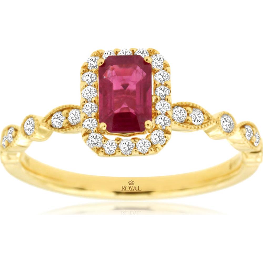 14K Yellow Gold Vintage-Inspired Halo Ring with 0.63 Carat Emerald-Cut Ruby and 0.26 Carat Round Diamond Accents - Royal Jewelry