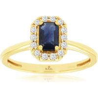 14K Yellow Gold Vintage-Inspired Halo Ring with 0.70 Carat Emerald-Cut Sapphire and 0.15 Carat Round Diamond Accents - Royal Jewelry