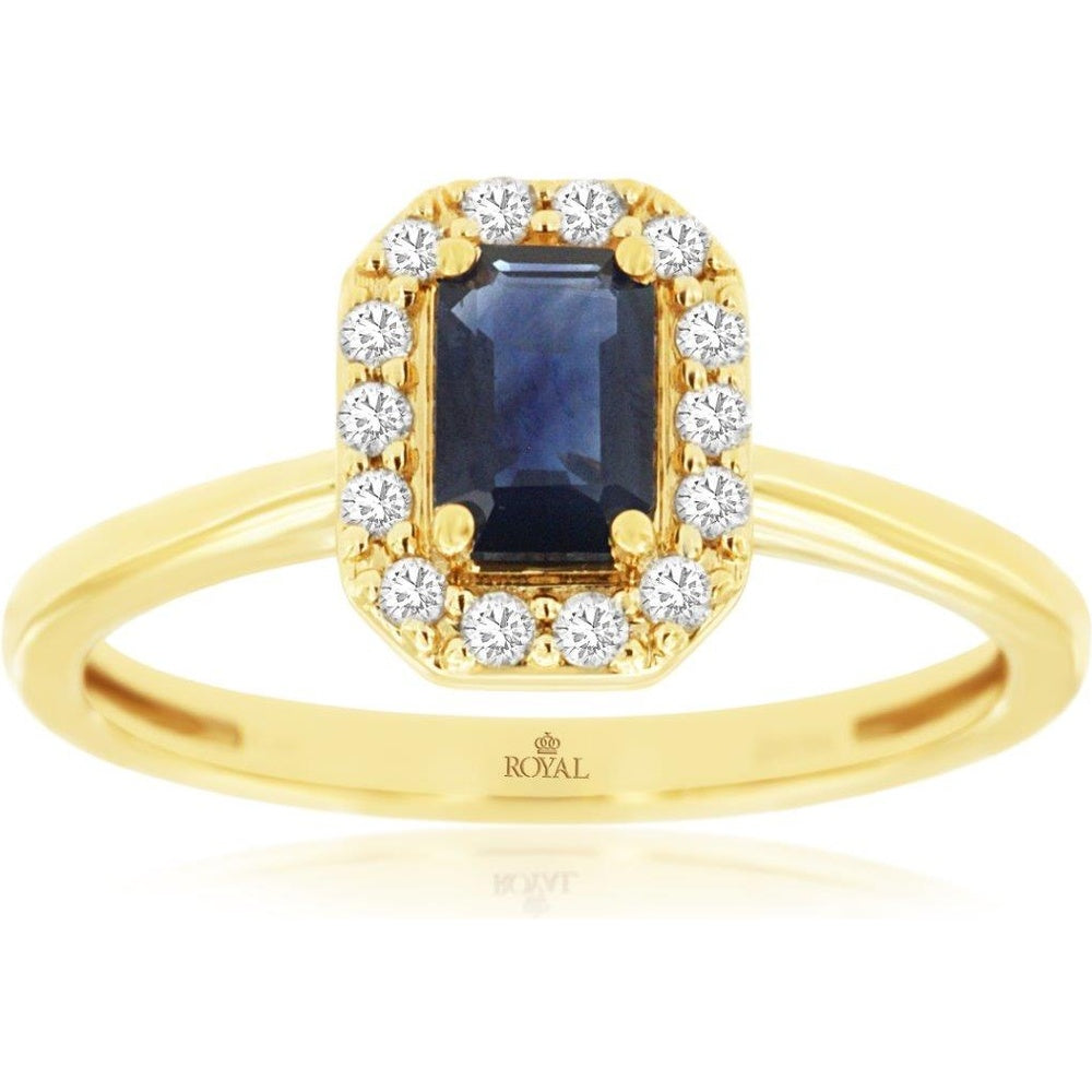 14K Yellow Gold Vintage-Inspired Halo Ring with 0.70 Carat Emerald-Cut Sapphire and 0.15 Carat Round Diamond Accents - Royal Jewelry