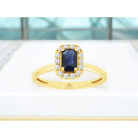 14K Yellow Gold Vintage-Inspired Halo Ring with 0.70 Carat Emerald-Cut Sapphire and 0.15 Carat Round Diamond Accents - Royal Jewelry
