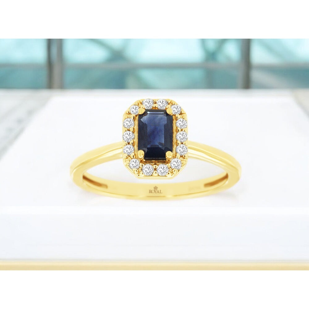 14K Yellow Gold Vintage-Inspired Halo Ring with 0.70 Carat Emerald-Cut Sapphire and 0.15 Carat Round Diamond Accents - Royal Jewelry