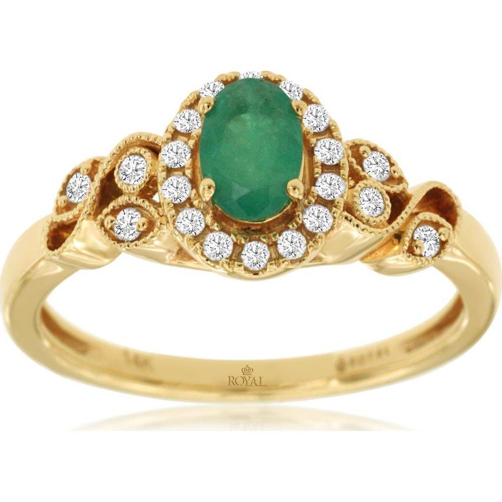 14K Yellow Gold Vintage-Inspired Halo Ring with Oval Emerald and Round Diamonds - 0.44 Carat Emerald & 0.16 Carat Total Diamond Weight - Royal Jewelry