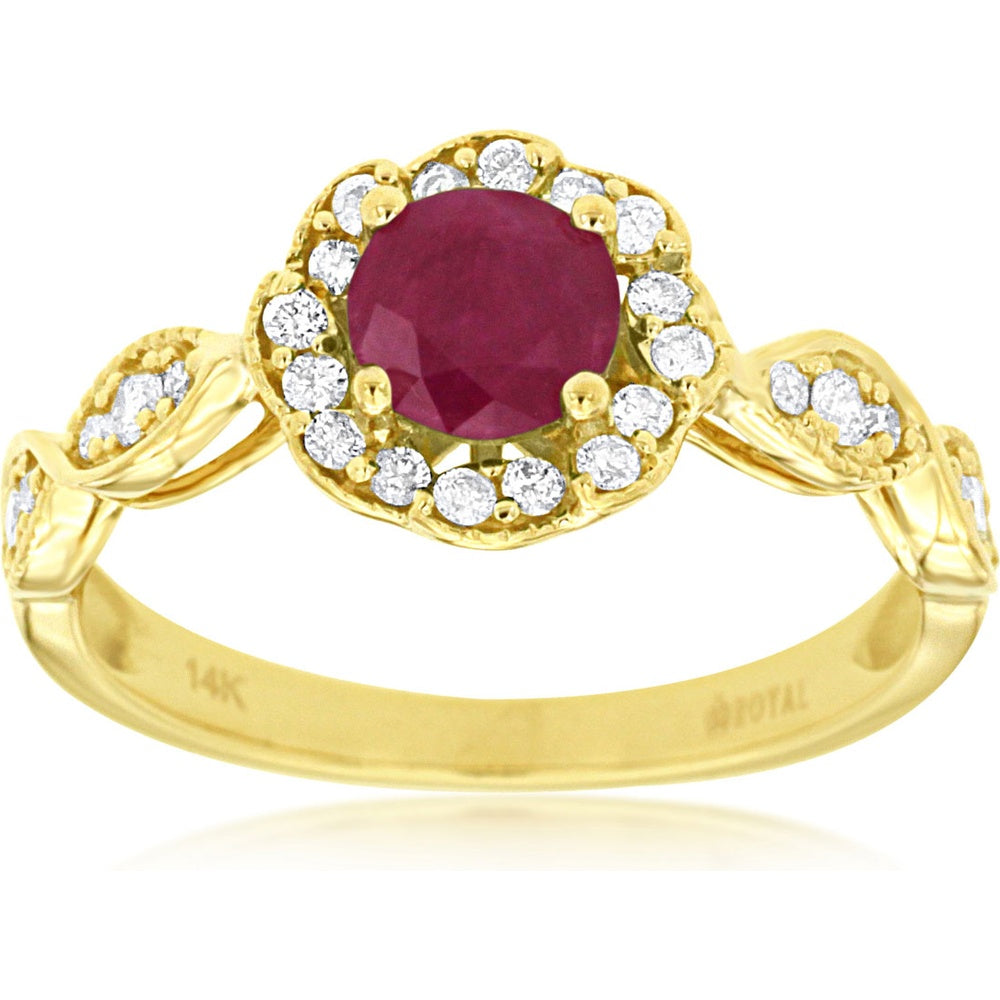 14K Yellow Gold Vintage-Inspired Halo Ring with Round Ruby and Prong-Set Diamonds - 0.77 Carat Ruby and 0.27 Carat Total Diamond Weight - Royal Jewelry