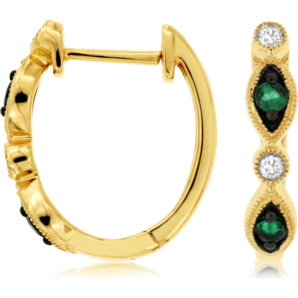 14K Yellow Gold Vintage-Inspired Huggie Hoop Earrings with Round Emeralds and Diamonds - 0.18 Carat Total Emerald Weight and 0.08 Carat Total Diamond Weight - Royal Jewelry