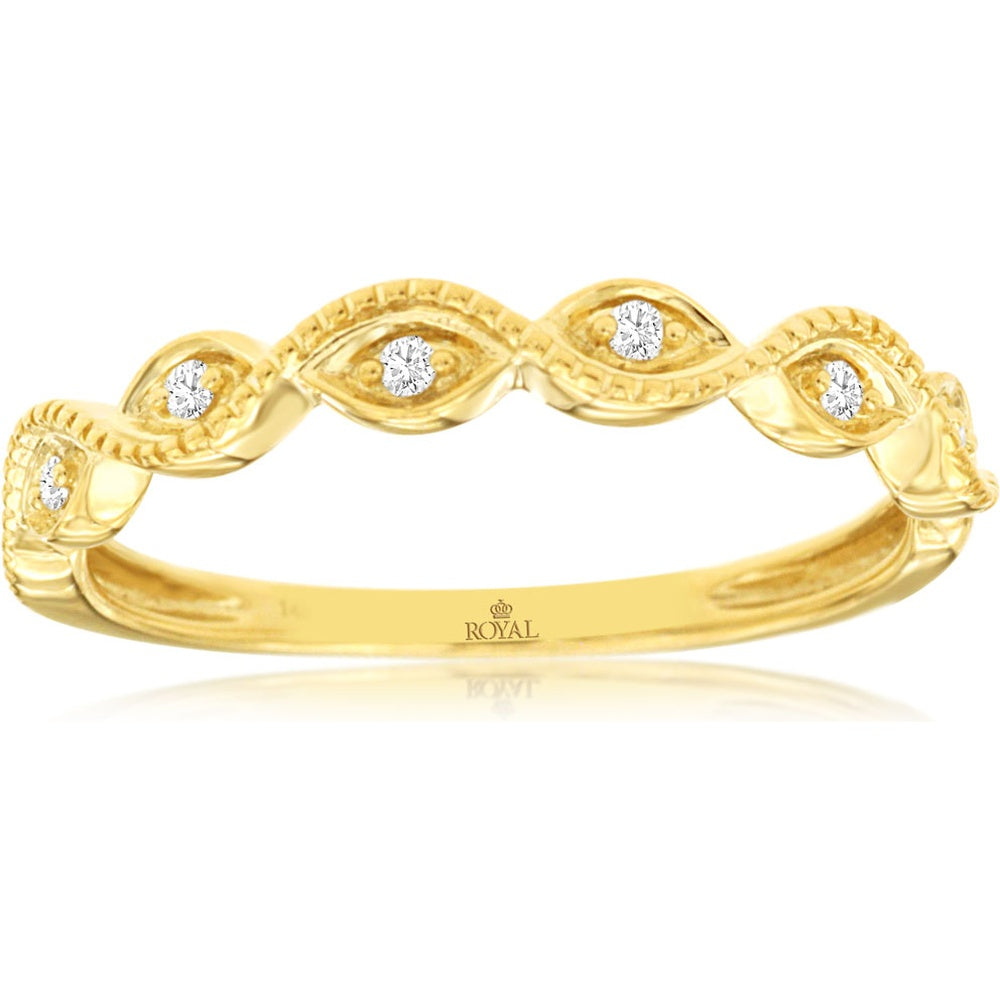 14K Yellow Gold Vintage-Inspired Marquise Milgrain Wedding Band with Bead-Set Round Diamonds - 0.05 Carat Total Diamond Weight - Royal Jewelry