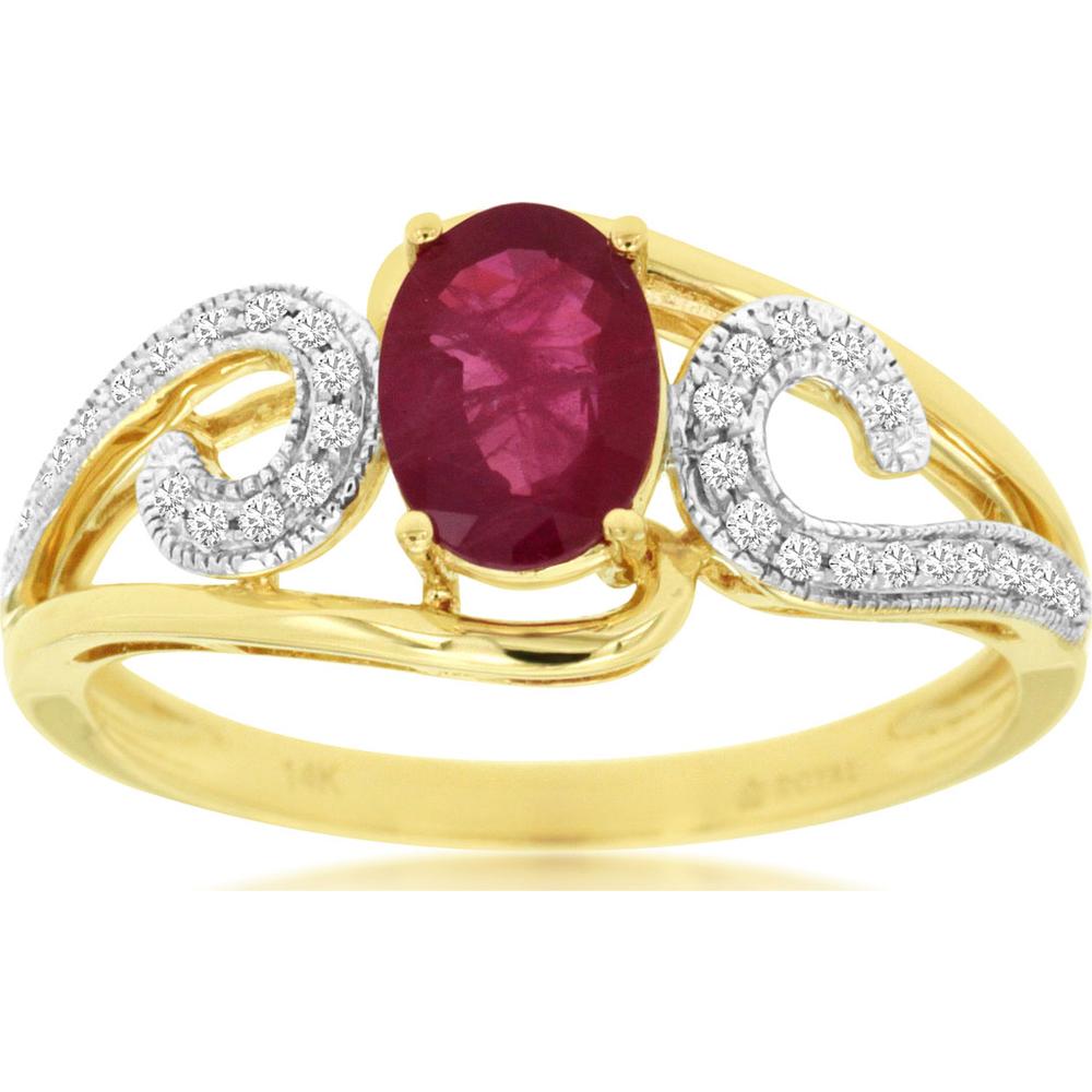 14K Yellow Gold Vintage-Inspired Oval Ruby Ring with Milgrain Detail and Accent Diamonds - 0.90 Carat Ruby & 0.09 Carat Diamond Total Weight - Royal Jewelry