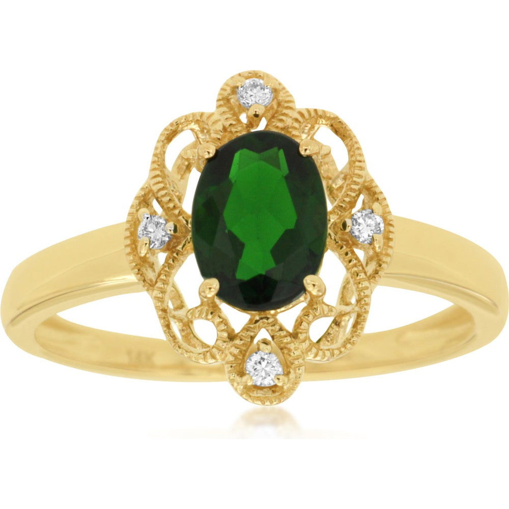14K Yellow Gold Vintage-Inspired Oval Russalite Ring with Milgrain Detailing and Accent Diamonds - 0.95 Carat Russalite and 0.04 Carat Total Diamond Weight - Royal Jewelry