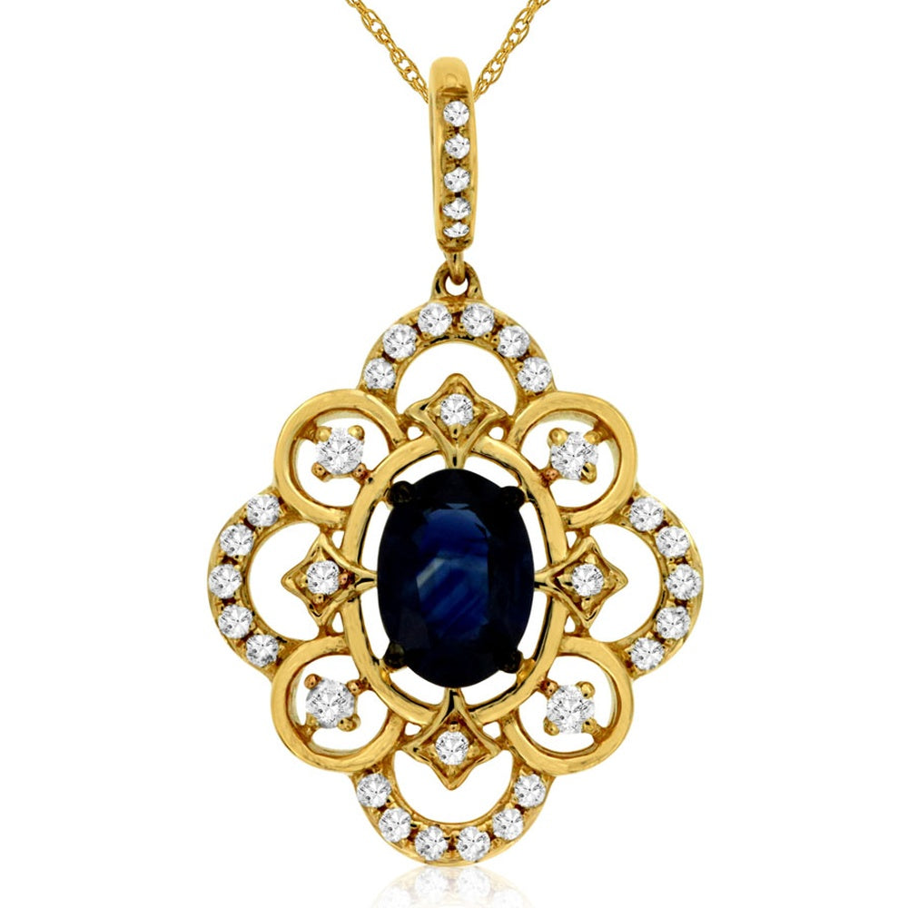 14K Yellow Gold Vintage-Inspired Oval Sapphire and Diamond Halo Pendant with Diamond-Accented Bail - 1.00 Carat Sapphire and 0.24 Carat Total Diamond Weight - Royal Jewelry