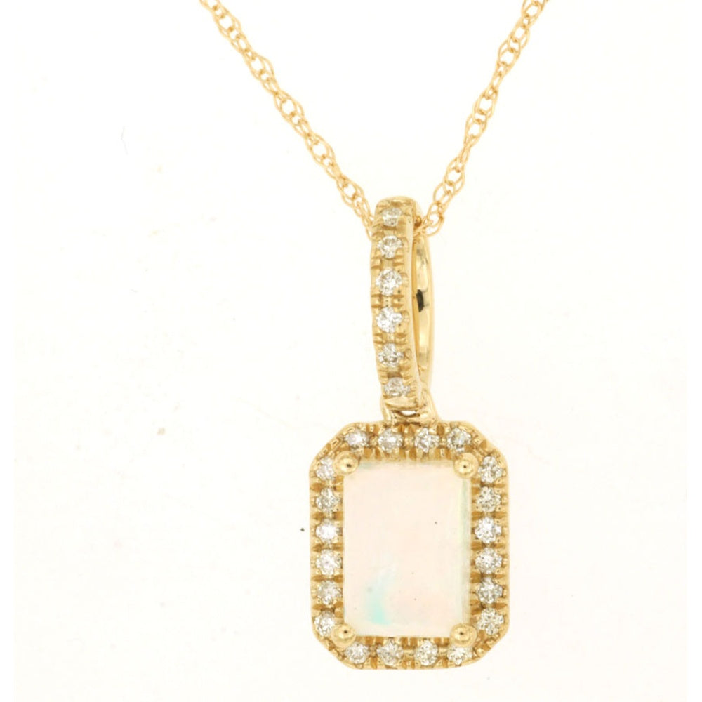 14K Yellow Gold Vintage-Inspired Pendant Necklace with Emerald-Cut Opal and Diamond Halo - 0.70 Carat Opal and 0.13 Carat Total Diamond Weight - Royal Jewelry