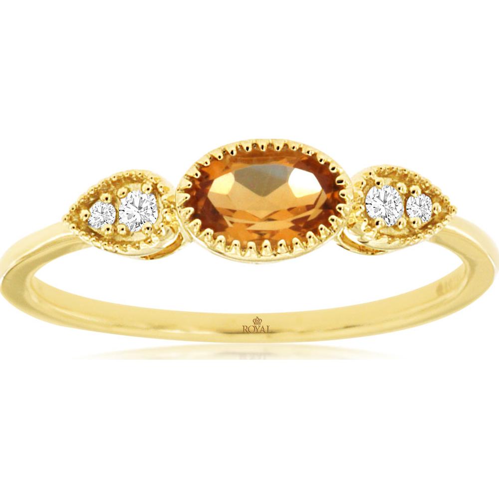 14K Yellow Gold Vintage-Inspired Ring with 0.40 Carat Oval Citrine and 0.05 Carat Diamond Accents in Pear-Shaped Milgrain Settings - Royal Jewelry