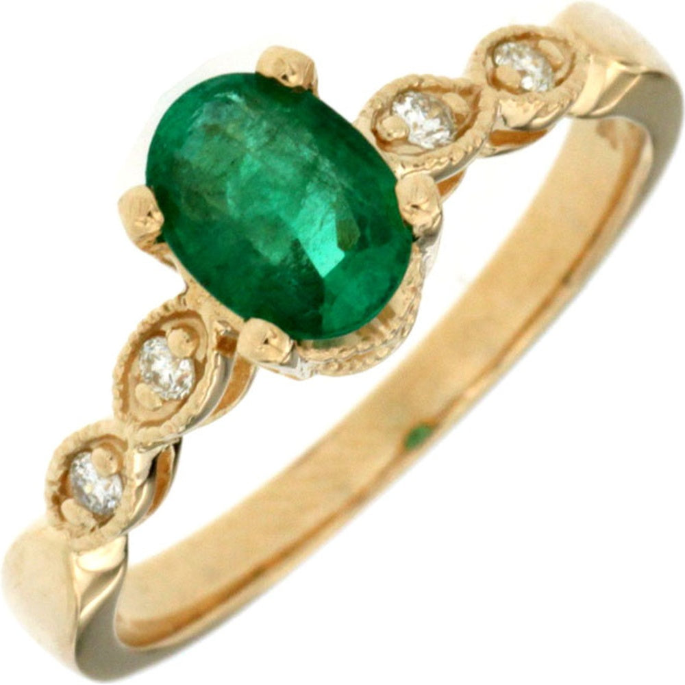14K Yellow Gold Vintage-Inspired Ring with 0.80 Carat Oval Emerald and 0.08 Carat Round Diamond Accents in Milgrain Setting - Royal Jewelry