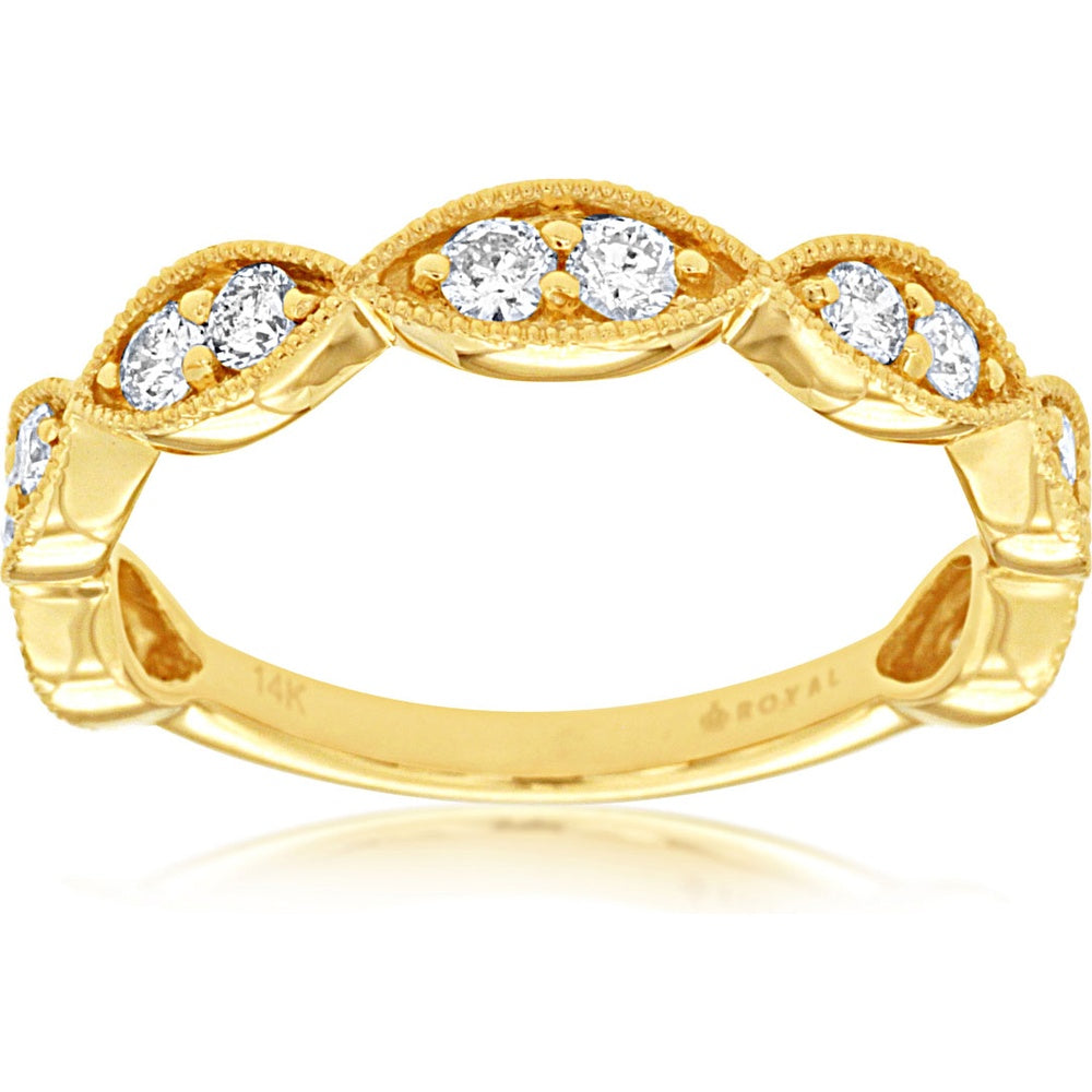 14K Yellow Gold Vintage-Inspired Scalloped Diamond Band with Milgrain Detail and Two-Stone Round Brilliant Settings - 0.50 Carat Total Diamond Weight - Royal Jewelry