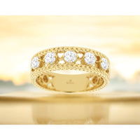 14K Yellow Gold Vintage-Inspired Wedding Band with Prong-Set Round Diamonds - 0.70 Carat Total Diamond Weight - Royal Jewelry