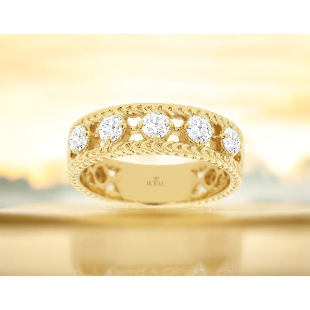 14K Yellow Gold Vintage-Inspired Wedding Band with Prong-Set Round Diamonds - 0.70 Carat Total Diamond Weight - Royal Jewelry