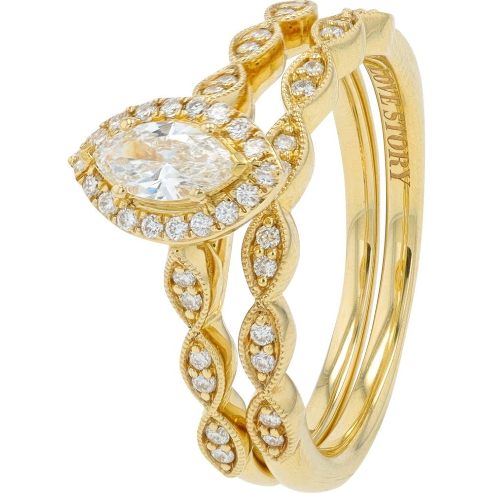 14K Yellow Gold Vintage Milgrain Bridal Set with Marquise Cut Diamond and Scalloped Band - 0.50 Carat Total Diamond Weight