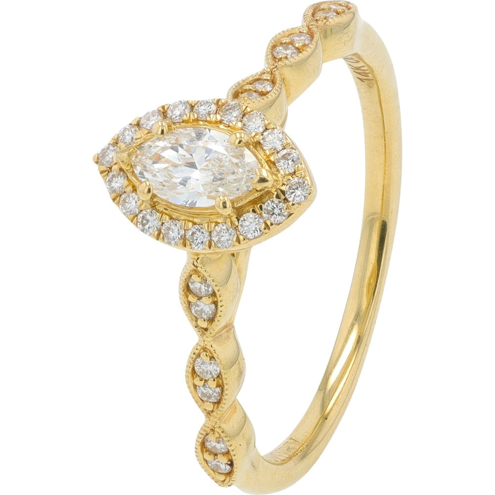 14K Yellow Gold Vintage Milgrain Bridal Set with Marquise Cut Diamond and Scalloped Band - 0.50 Carat Total Diamond Weight