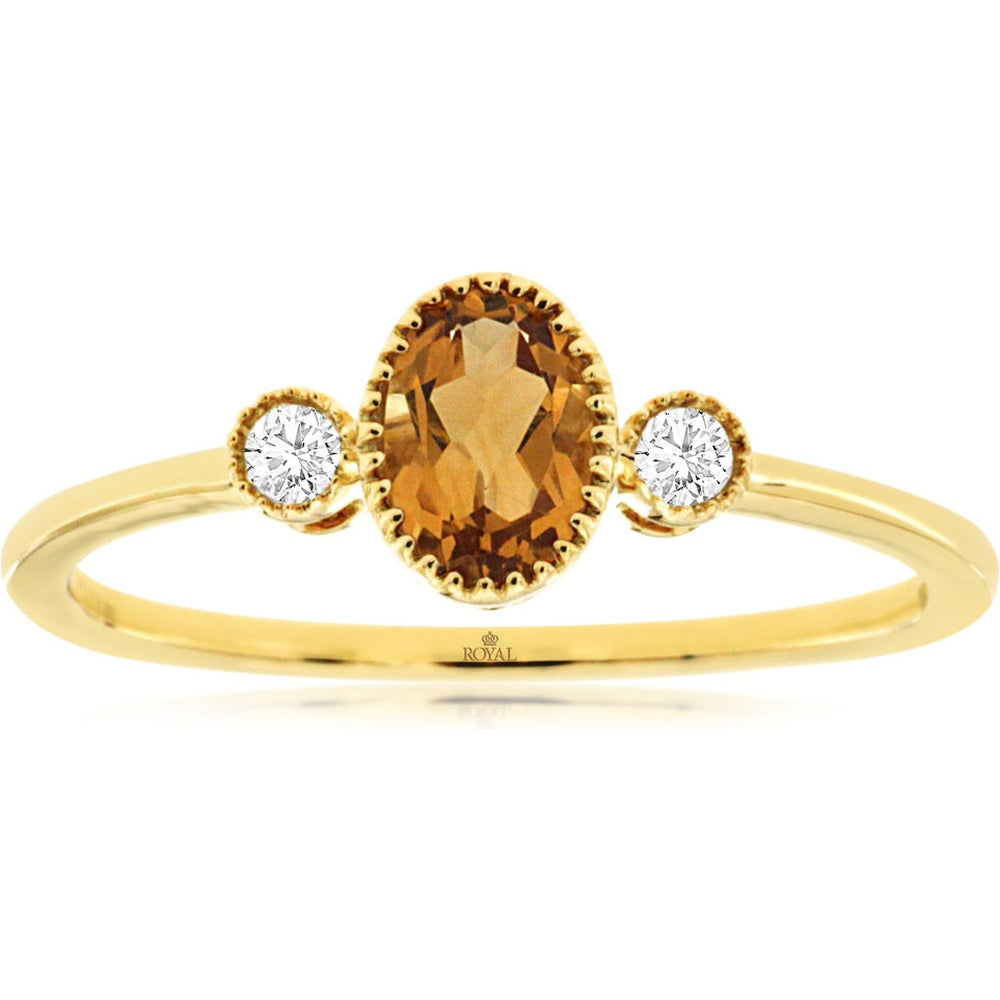 14K Yellow Gold Vintage Milgrain Ring with Oval Citrine and Round Diamond Accents - 0.40 Carat Citrine and 0.06 Carat Total Diamond Weight - Royal Jewelry