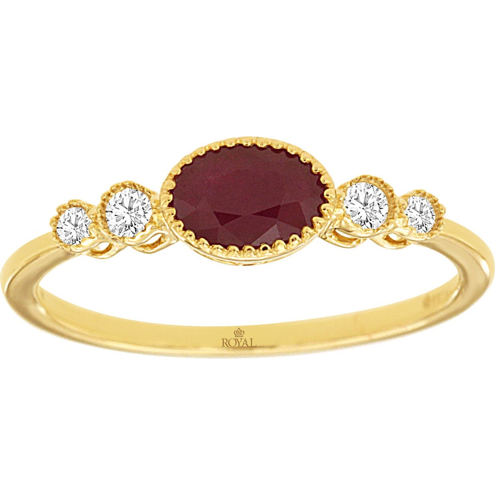 14K Yellow Gold Vintage Milgrain Ring with Oval Ruby and Round Diamonds - 0.60 Carat Ruby and 0.09 Carat Total Diamond Weight - Royal Jewelry