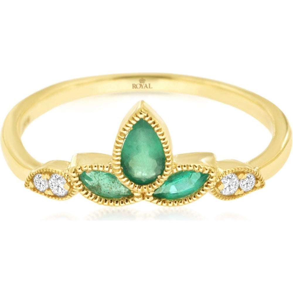 14K Yellow Gold Vintage Milgrain Ring with Pear and Marquise Emeralds and Round Diamonds - 0.35 Carat Emerald Weight and 0.06 Carat Diamond Weight - Royal Jewelry