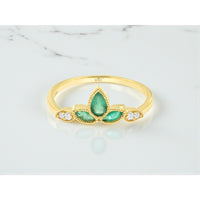 14K Yellow Gold Vintage Milgrain Ring with Pear and Marquise Emeralds and Round Diamonds - 0.35 Carat Emerald Weight and 0.06 Carat Diamond Weight - Royal Jewelry