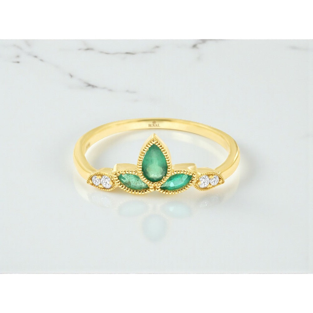14K Yellow Gold Vintage Milgrain Ring with Pear and Marquise Emeralds and Round Diamonds - 0.35 Carat Emerald Weight and 0.06 Carat Diamond Weight - Royal Jewelry