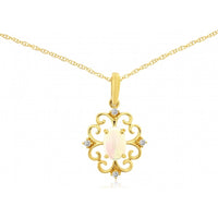 14K Yellow Gold Vintage Scroll Pendant with Oval Opal and Round Diamond Accents - 0.38 Carat Opal and 0.04 Carat Diamond Total Weight - Royal Jewelry
