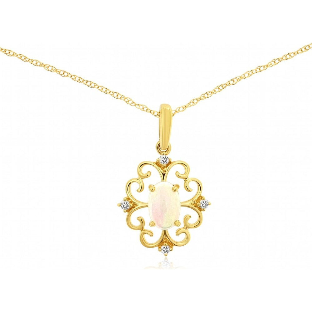 14K Yellow Gold Vintage Scroll Pendant with Oval Opal and Round Diamond Accents - 0.38 Carat Opal and 0.04 Carat Diamond Total Weight - Royal Jewelry